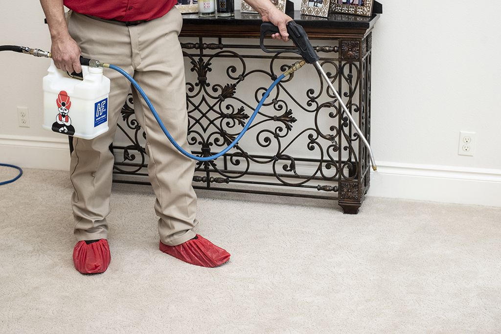 An Aladdin technician adding pre-treatment and deodorizer to carpet before professional carpet cleaning