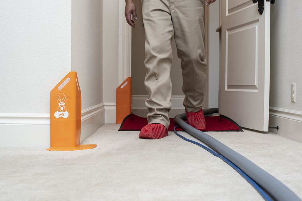 Walkway with walk-off mats and corner guards to protect entryways from tracking and damage from hoses during carpet cleaning