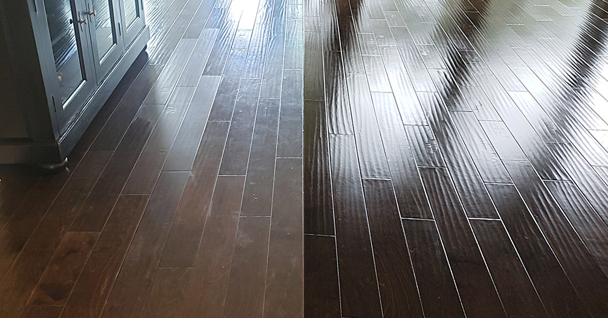 Professional wood floor cleaning wax build up before and after