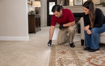 Professional inspecting the transition between wall-to-wall carpet and a patterned area rug while a homeowner observes.