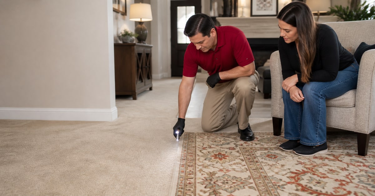 Professional inspecting the transition between wall-to-wall carpet and a patterned area rug while a homeowner observes.