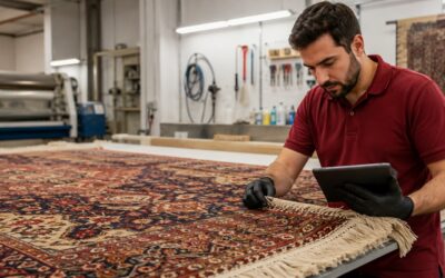 Rug-care specialist documenting the weave and fringe of a patterned area rug during intake.