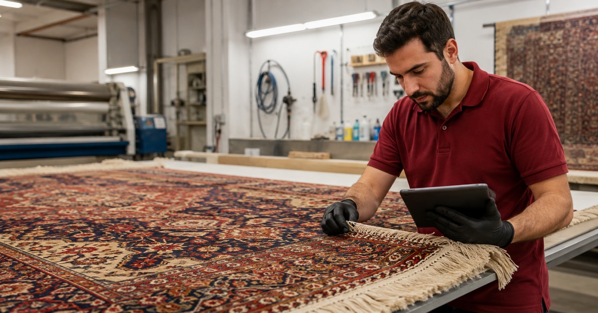 Rug-care specialist documenting the weave and fringe of a patterned area rug during intake.