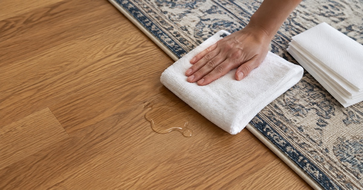 Clean white towels beside a small fresh spill on the edge of a patterned area rug.
